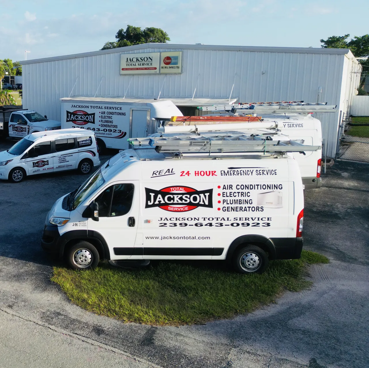 Jackson Total Service vans staged in the yard at the Naples headquarters